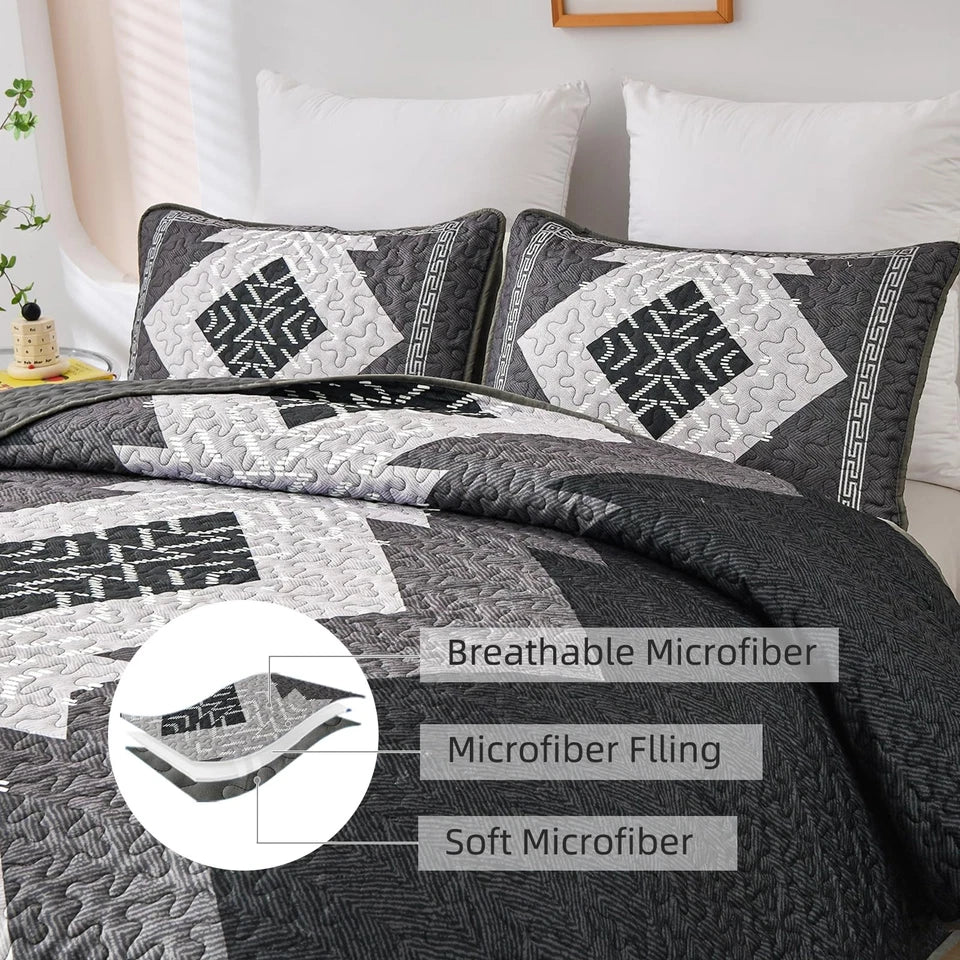 Boho Queen Quilt Set 3 Pieces Black Grey Aztec Texture Bedspread Coverlet Set
