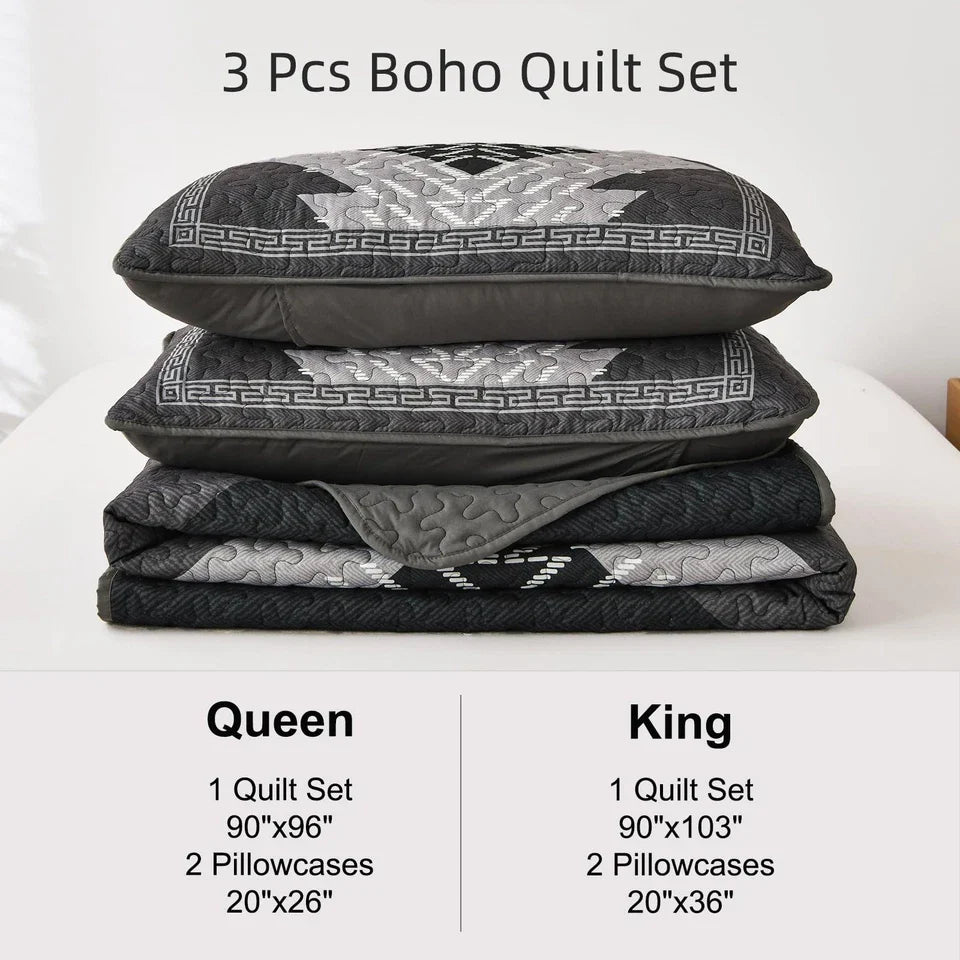 Boho Queen Quilt Set 3 Pieces Black Grey Aztec Texture Bedspread Coverlet Set