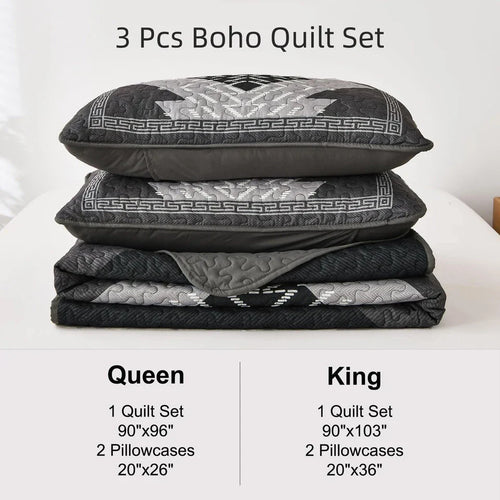 Boho Queen Quilt Set 3 Pieces Black Grey Aztec Texture Bedspread Coverlet Set