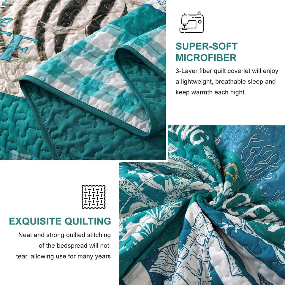 Coastal King Size Quilt Set 3 Piece,Summer Beach Bedspread Coverlet Lightweight