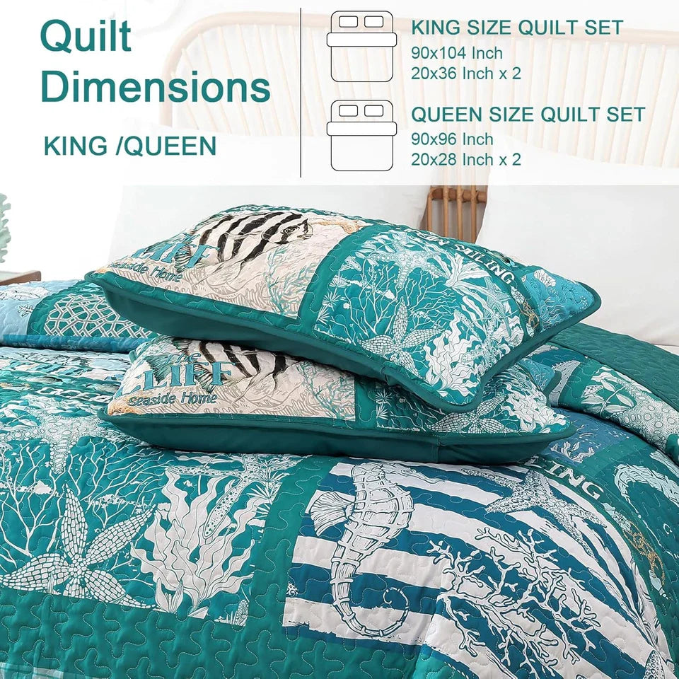 Coastal King Size Quilt Set 3 Piece,Summer Beach Bedspread Coverlet Lightweight