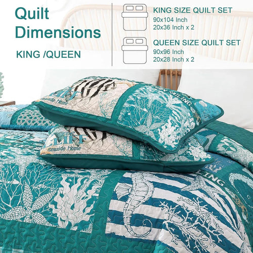 Coastal King Size Quilt Set 3 Piece,Summer Beach Bedspread Coverlet Lightweight