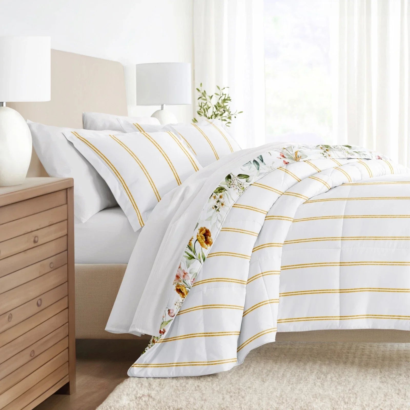 Floral and Striped Patterned Reversible Lightweight All Season Comforter Set