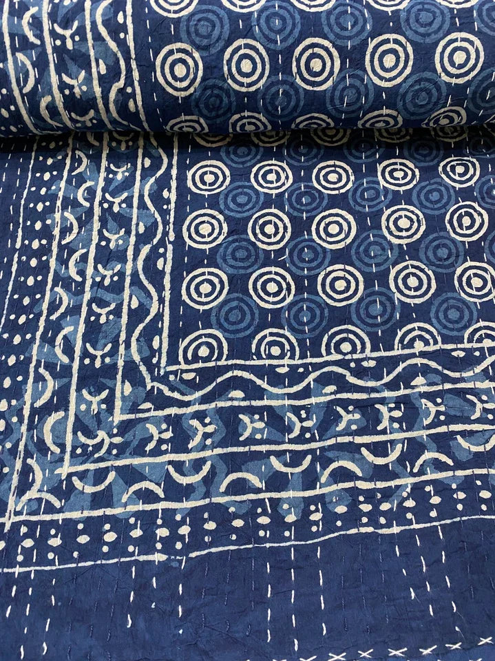 King Size Indigo BLUE Dyed Cotton Vintage Kantha Quilt throw, Handmade Blanket.