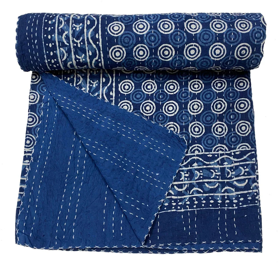 King Size Indigo BLUE Dyed Cotton Vintage Kantha Quilt throw, Handmade Blanket.