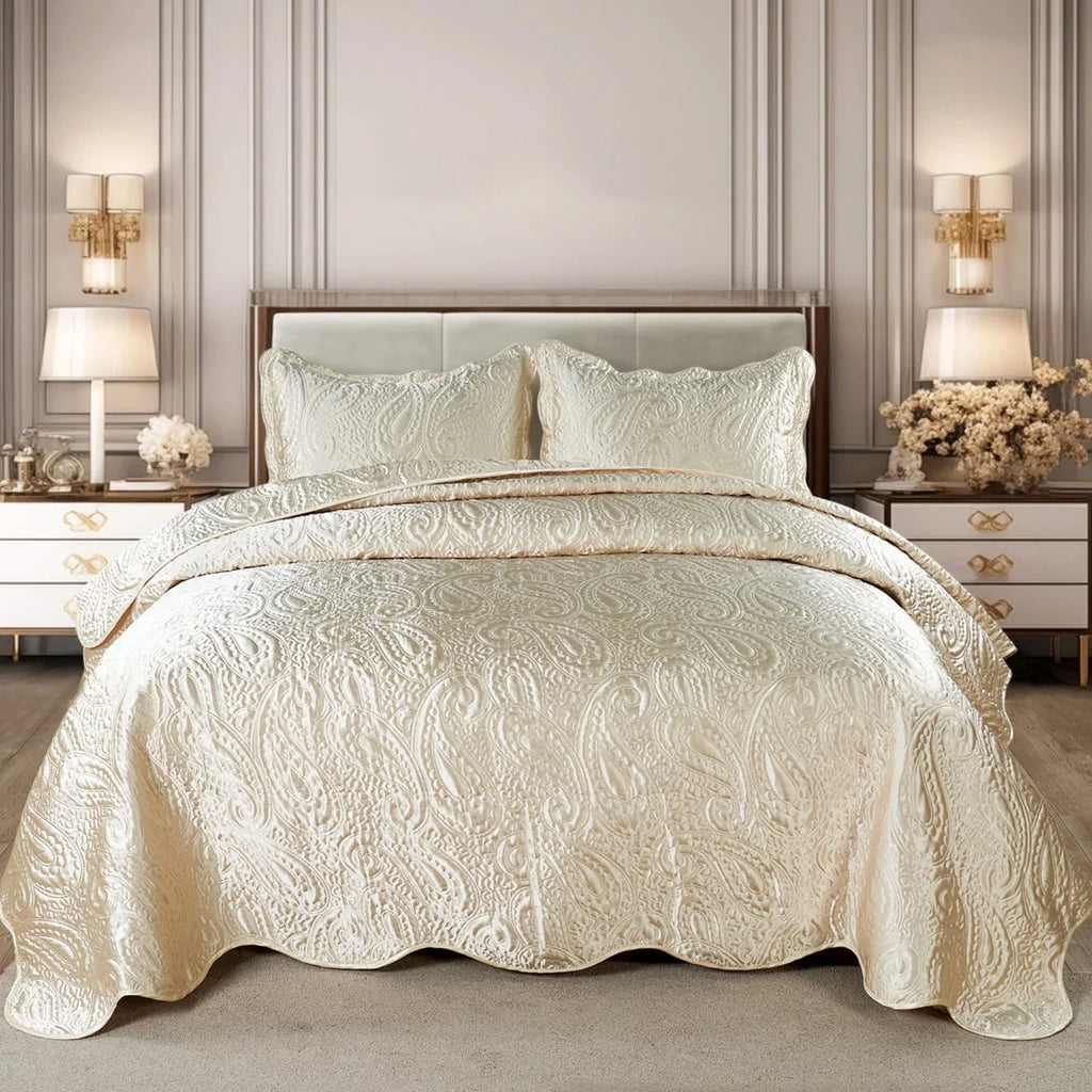 HST Quilted Satin 3 Piece Bedspread Coverlet Cover Set Paisley Design Luxury