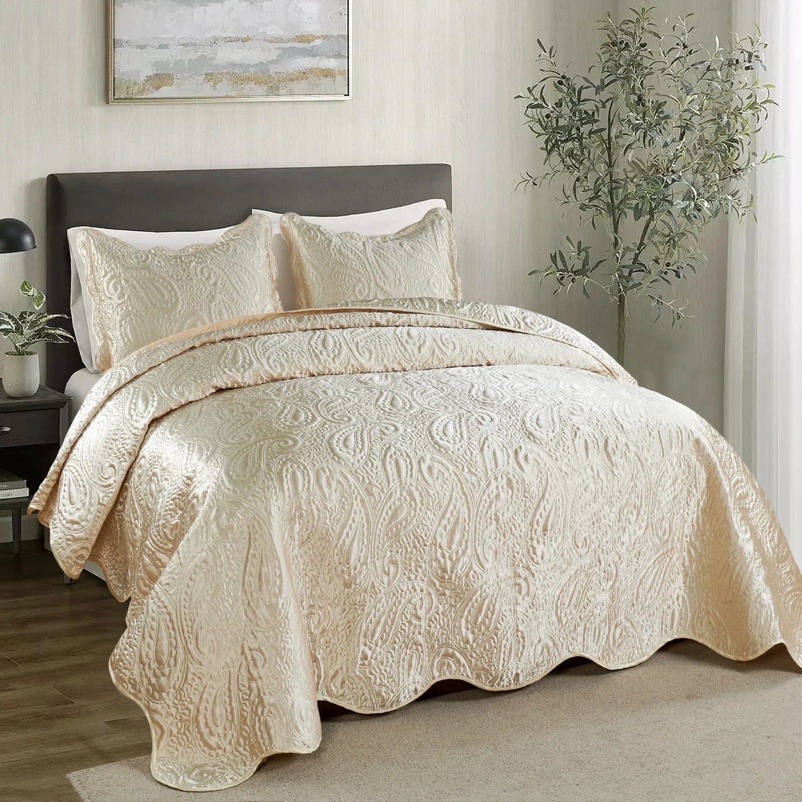 HST Quilted Satin 3 Piece Bedspread Coverlet Cover Set Paisley Design Luxury
